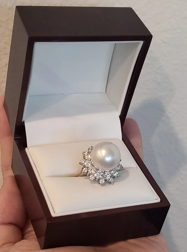 13mm white south sea pearl 14k yellow & white gold ring Sz6 Signity CZ halo - Picture 2 of 10